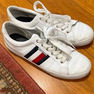 Tommy Hilfiger White Leather Sneakers with Red & Navy Stripes